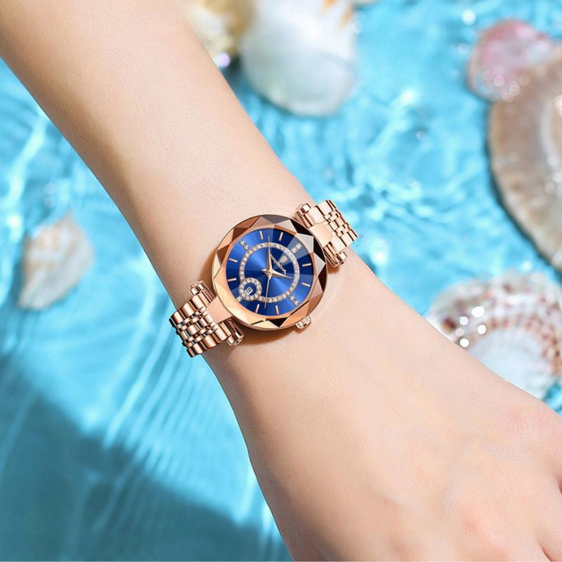 Elegant Women's Faceted Quartz Watch with Date Display and Rhinestones