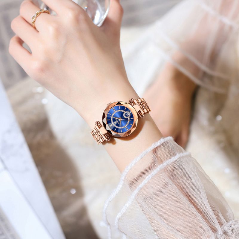 Elegant Women's Faceted Quartz Watch with Date Display and Rhinestones