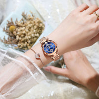 Elegant Women's Faceted Quartz Watch with Date Display and Rhinestones