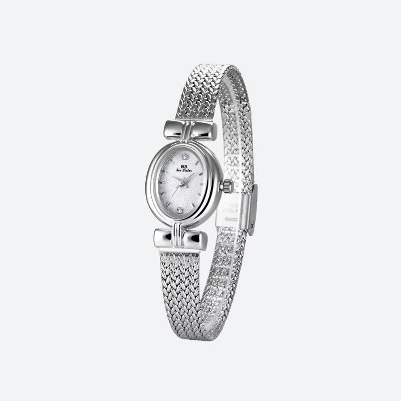 Elegant Women's Quartz Watch with Small Oval Dial and Braided Mesh Bracelet