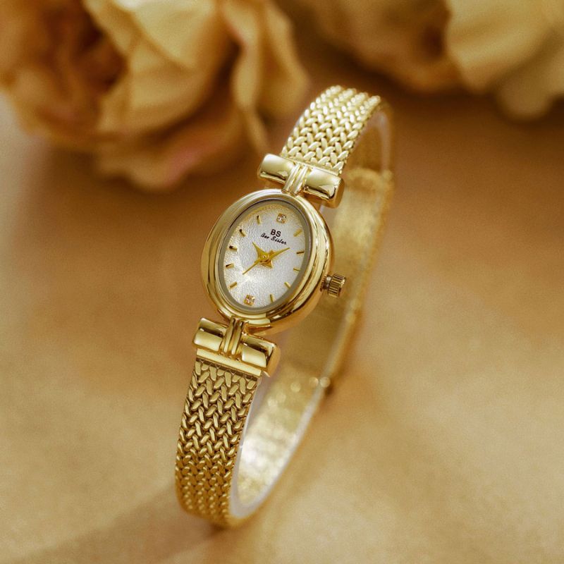 Elegant Women's Quartz Watch with Small Oval Dial and Braided Mesh Bracelet