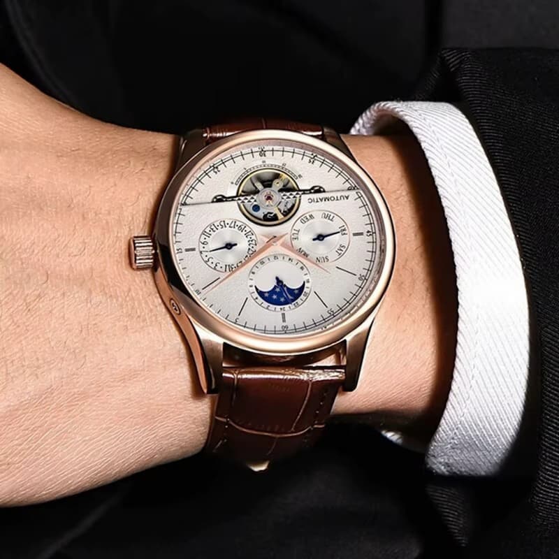 Men's Automatic Watch with Moon Phase and Open-Heart Design