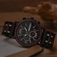 Men's Chronograph Watch in Wood and Steel, Multifunction Quartz Movement
