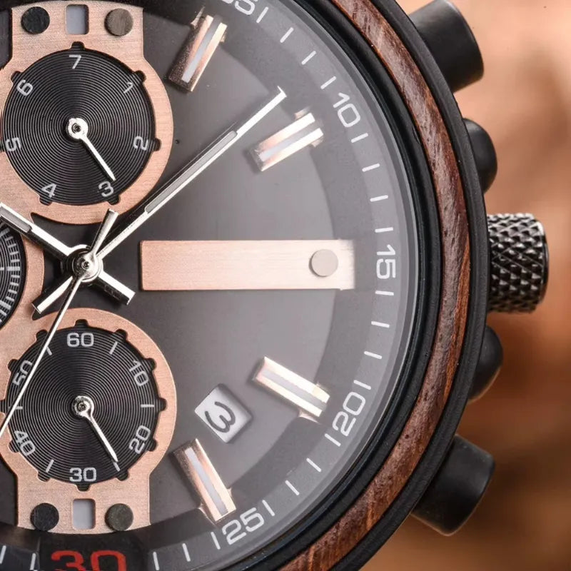 Men's Chronograph Watch in Wood and Steel, Multifunction Quartz Movement