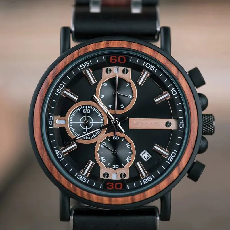 Men's Chronograph Watch in Wood and Steel, Multifunction Quartz Movement