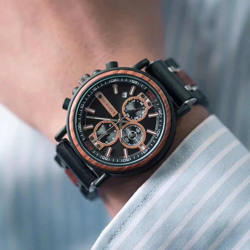 Men's Chronograph Watch in Wood and Steel, Multifunction Quartz Movement