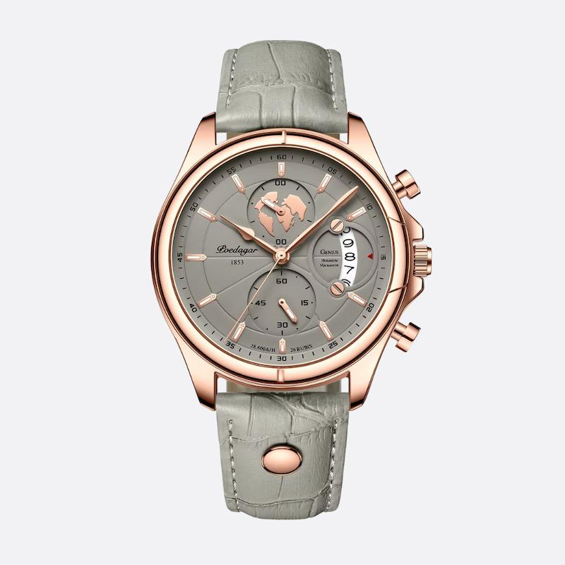 Men's Round Quartz Watch, Grey Leather, Luminous Date