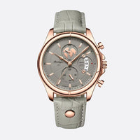 Men's Round Quartz Watch, Grey Leather, Luminous Date
