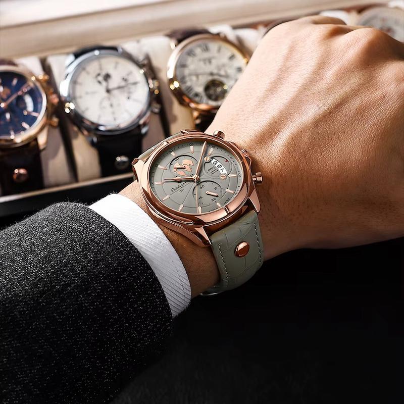 Men's Round Quartz Watch, Grey Leather, Luminous Date
