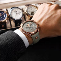 Men's Round Quartz Watch, Grey Leather, Luminous Date