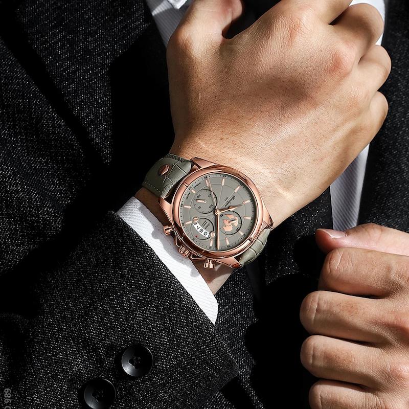 Men's Round Quartz Watch, Grey Leather, Luminous Date