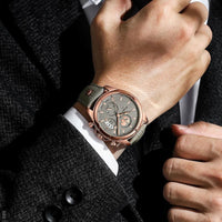 Men's Round Quartz Watch, Grey Leather, Luminous Date