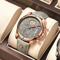 Men's Round Quartz Watch, Grey Leather, Luminous Date