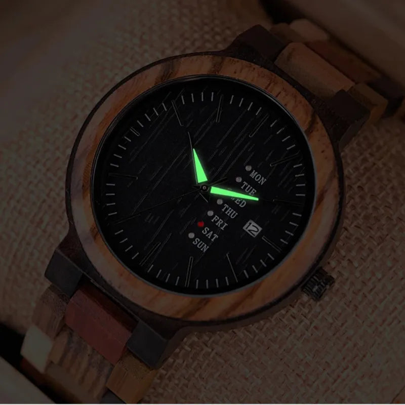 Men's Watch in Natural Wood, Multifunctional Dial