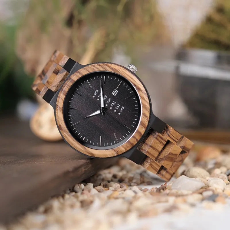 Men's Watch in Natural Wood, Multifunctional Dial