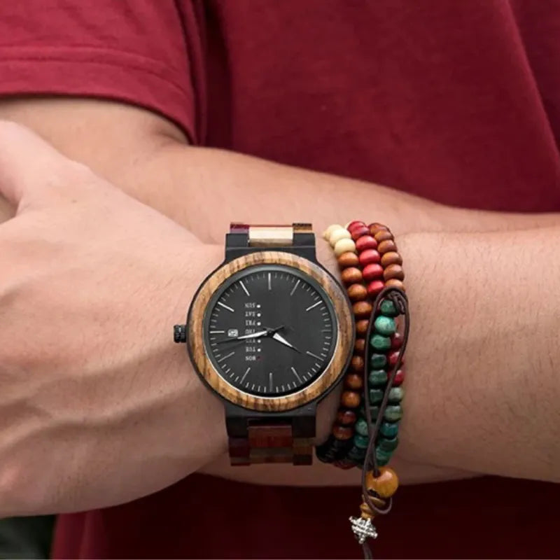 Men's Watch in Natural Wood, Multifunctional Dial