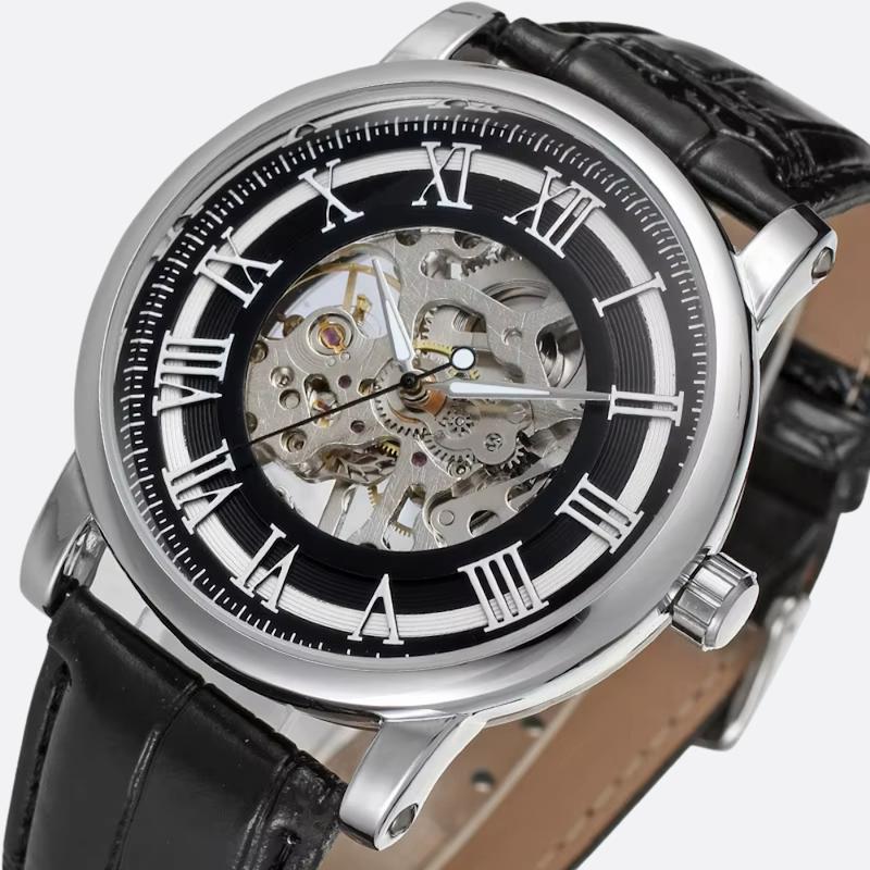 Men's Mechanical Watch with Roman Numerals, Manual Winding