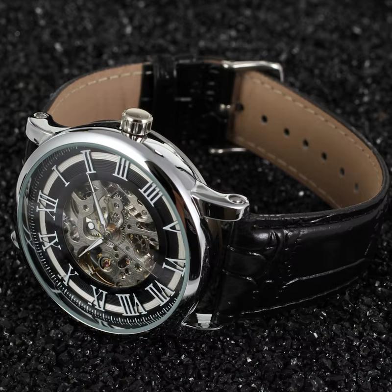 Men's Mechanical Watch with Roman Numerals, Manual Winding