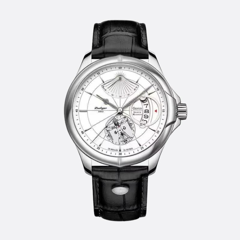 Men's Round Leather Quartz Watch with Date - Elegant