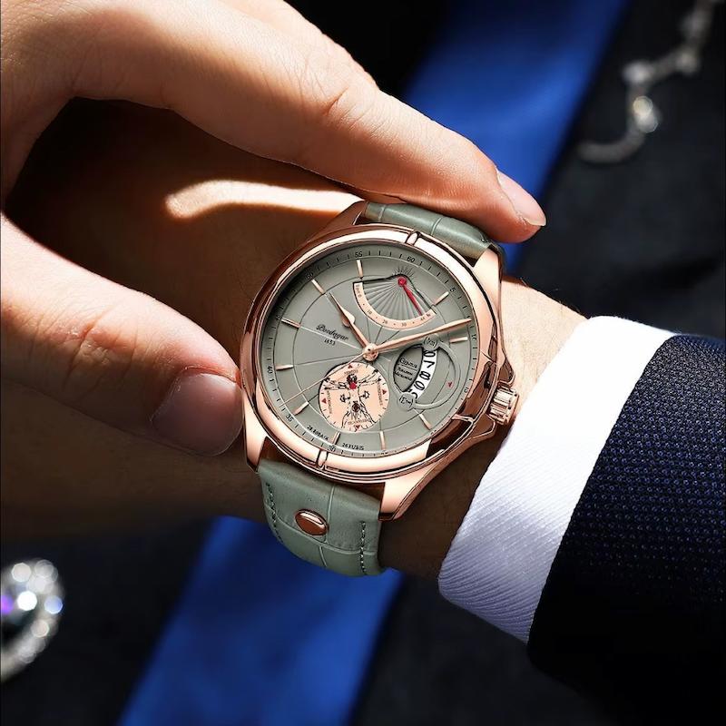 Men's Round Leather Quartz Watch with Date - Elegant