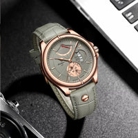 Men's Round Leather Quartz Watch with Date - Elegant