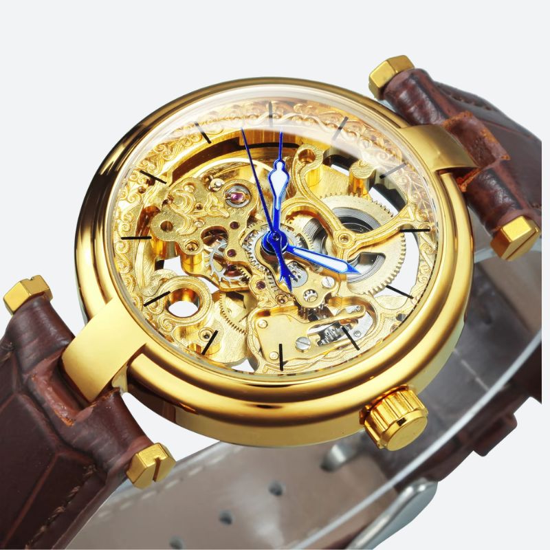 Women's Automatic Skeleton Watch in Brown Leather
