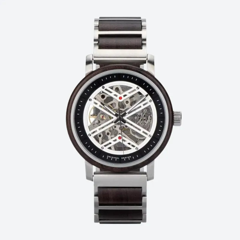 Men's Skeleton Watch in Steel and Wood, Mechanical Movement