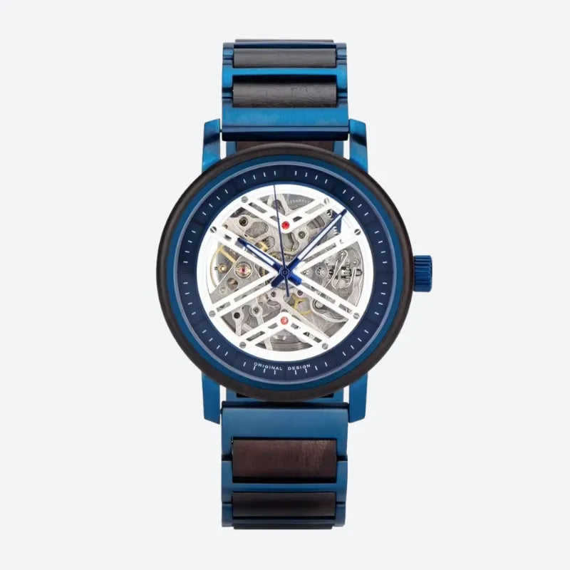 Men's Skeleton Watch in Steel and Wood, Mechanical Movement