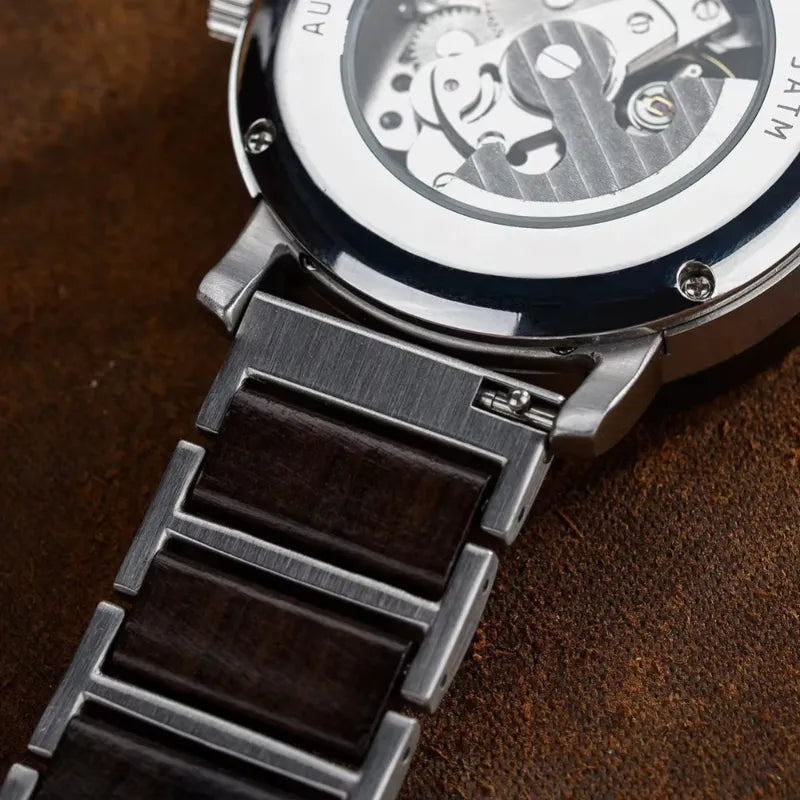 Men's Skeleton Watch in Steel and Wood, Mechanical Movement
