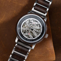 Men's Skeleton Watch in Steel and Wood, Mechanical Movement