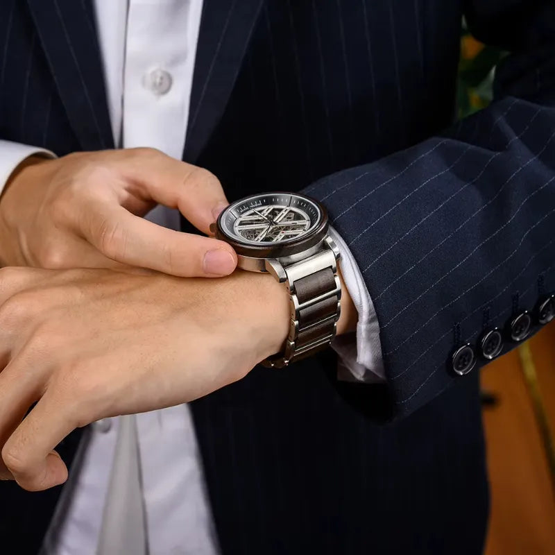 Men's Skeleton Watch in Steel and Wood, Mechanical Movement
