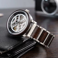 Men's Skeleton Watch in Steel and Wood, Mechanical Movement