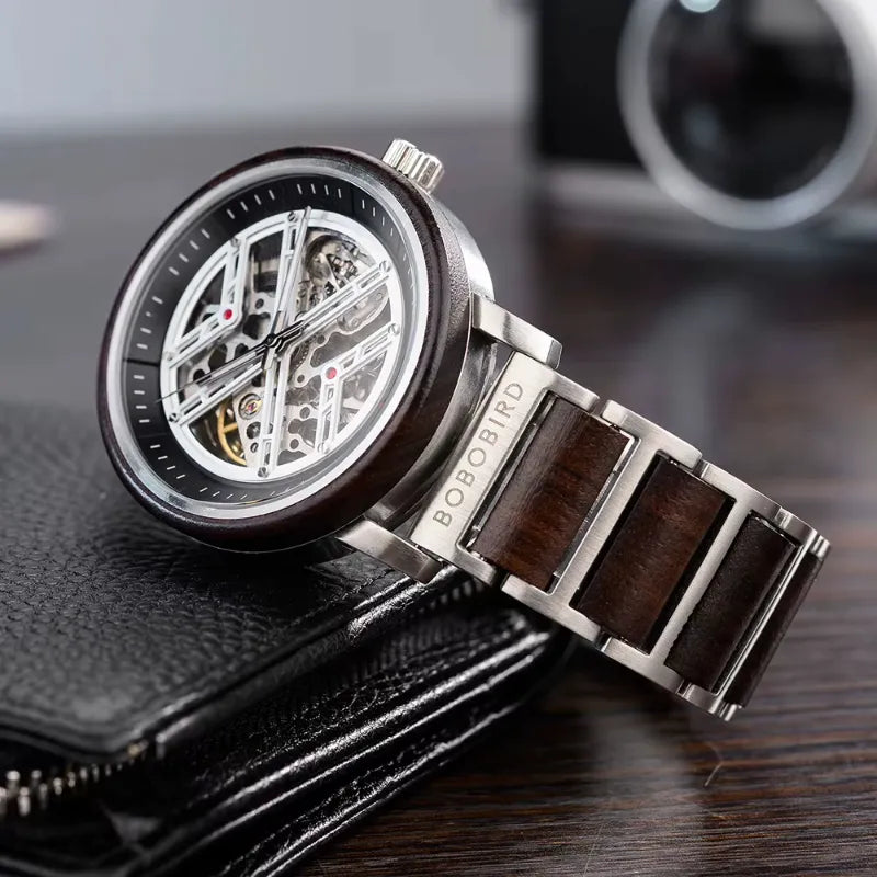 Men's Skeleton Watch in Steel and Wood, Mechanical Movement