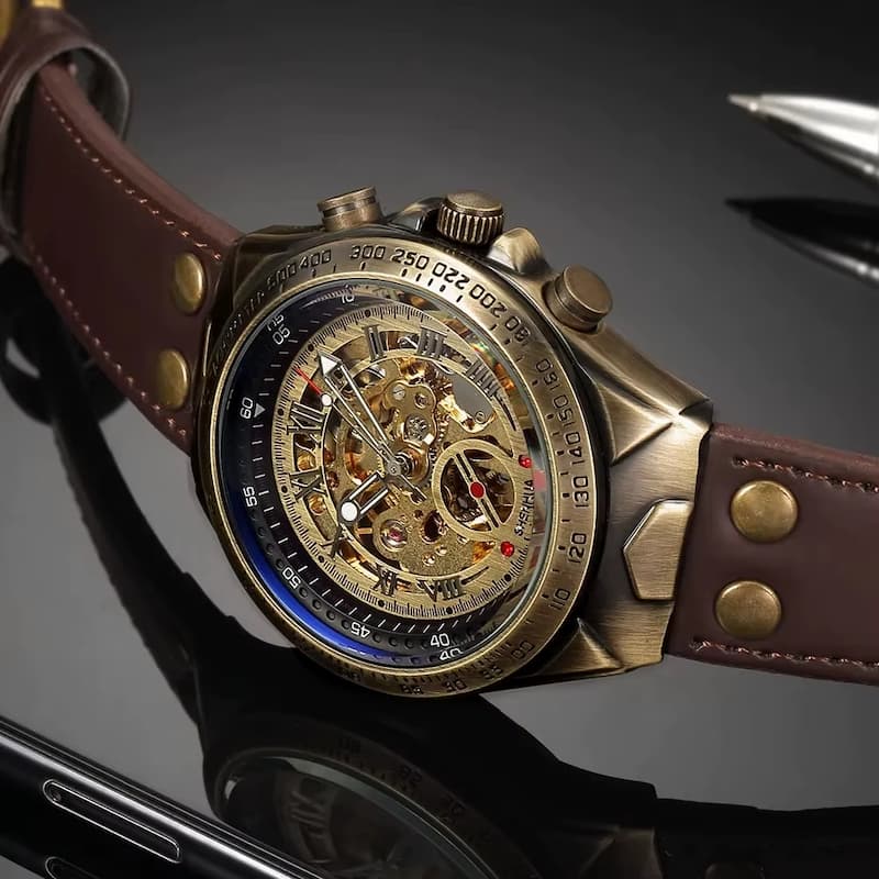 Men's Bronze Skeleton Watch, Automatic Mechanical