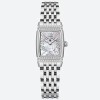Vintage women's watch with a rectangular silver shape, mother-of-pearl dial, and polished stainless steel bracelet.