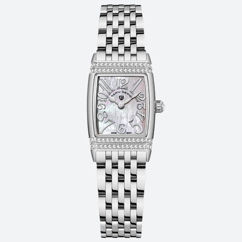 Vintage women's watch with a rectangular silver shape, mother-of-pearl dial, and polished stainless steel bracelet.