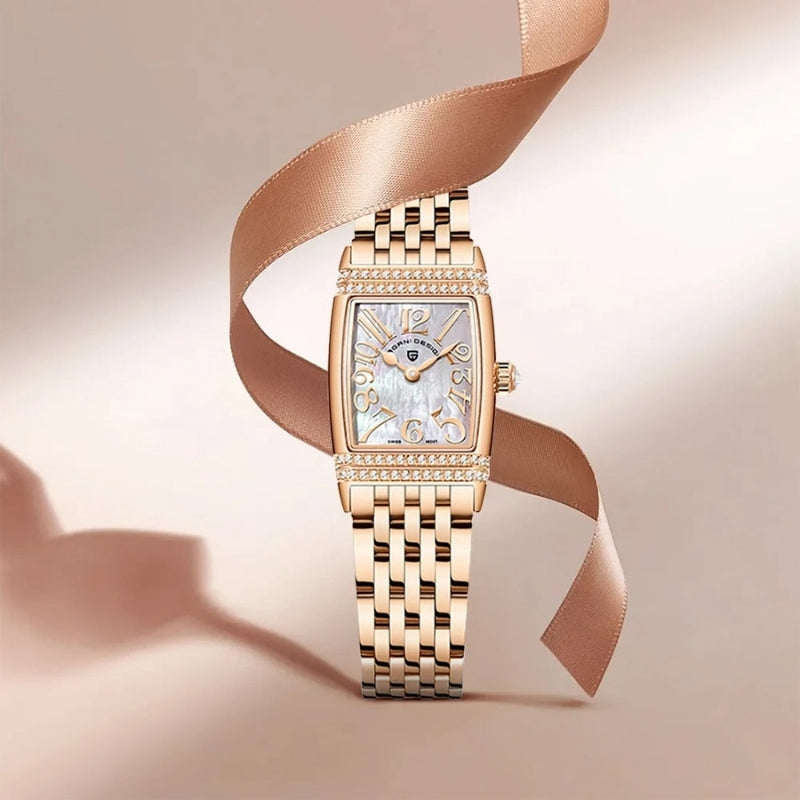 Vintage Women's Watch, Rectangular Shape, Silver and Mother of Pearl