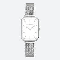 Vintage women's watch with a rectangular silver shape, fine mesh, minimalist white dial and glossy finish.
