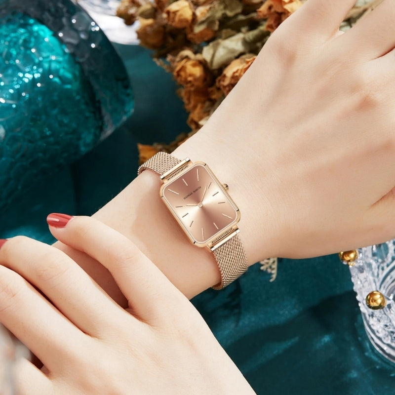 Vintage Women's Watch, Rectangular Shape, Gold, Fine Mesh