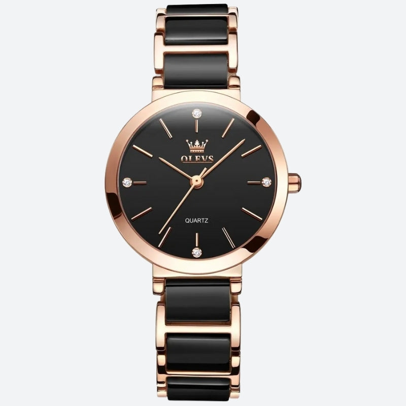 Vintage women's watch with a round shape in rose gold and black, elegant black dial with gold markers and black ceramic bracelet. Image
