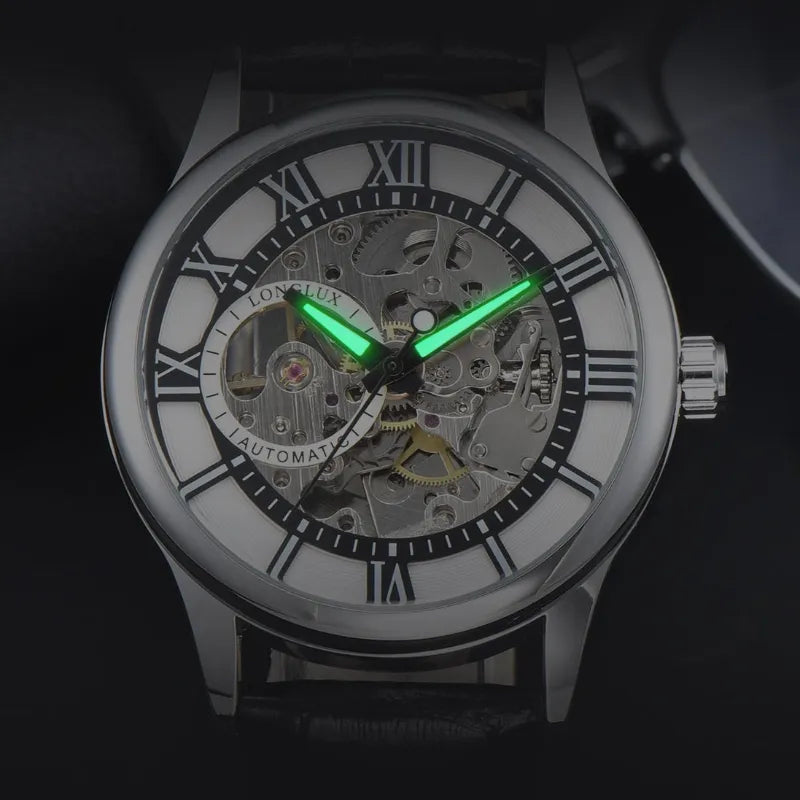 Men's automatic leather watch, skeleton