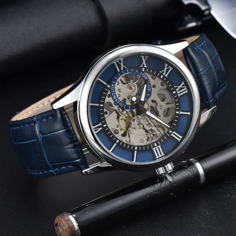 Men's automatic leather watch, skeleton