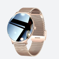 Women's Chronograph Watch with Pink Mesh and AMOLED Screen on a Grey Background