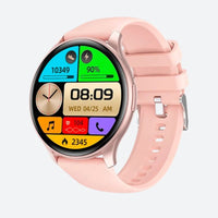 Women's Smartwatch with AMOLED Screen and Pink Silicone Strap on a Grey Background