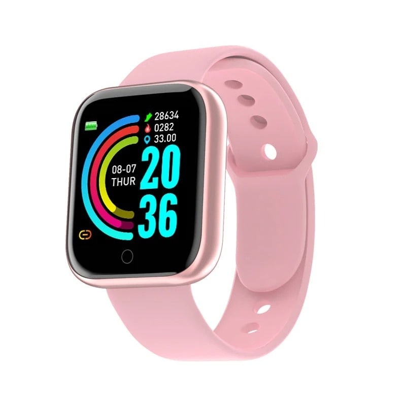 Women's smartwatch, pink, smooth case, 1.3” Bluetooth & health tracking, bold on a grey background