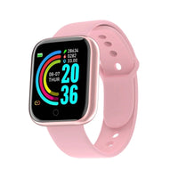 Women's smartwatch, pink, smooth case, 1.3” Bluetooth & health tracking, bold on a grey background