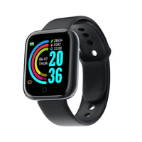 Women's smartwatch, pink, smooth case, 1.3” Bluetooth & health tracking, black on grey background