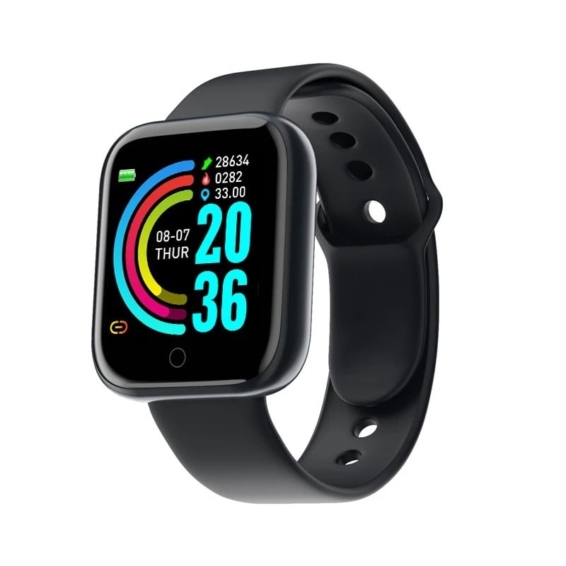 Women's smartwatch, pink, smooth case, 1.3” Bluetooth & health tracking, black on grey background