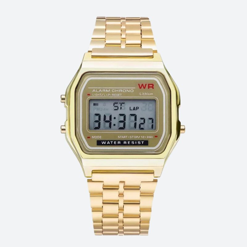 Women's Digital Watch with a Shiny Gold-Colored Metal Bracelet on a Grey Background