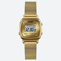 Women's Digital Watch with Gold Metallic Square Dial on a Grey Background